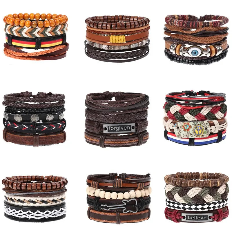 FBA 4-Piece Braided Leather Ethnic Wristband Set | Hope Believe Bracelet