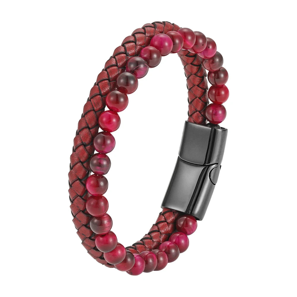 FBA Red Leather Rope Woven Bracelet for Men | Trendy Jewelry