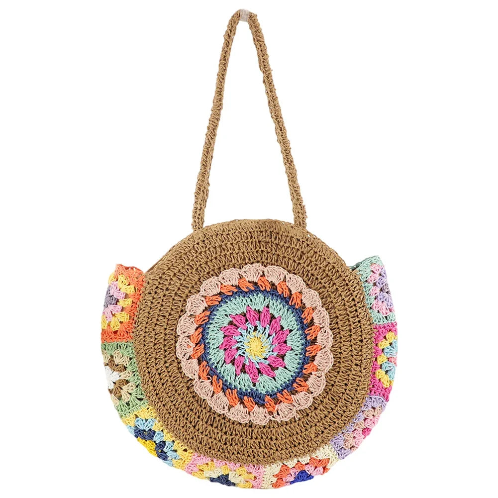 Women's Round Straw Woven Tote Bag – Large Capacity Ethnic Style Vacation Shoulder Handbag