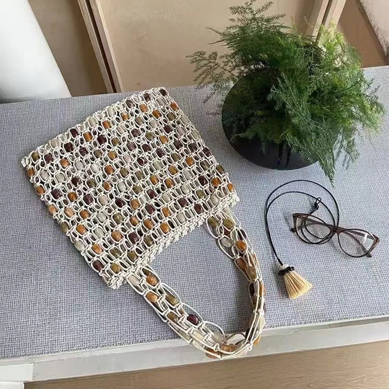 Hand-Woven Beaded Tote Bag with Wooden Handle – Boho Hollow-Out Knitted Beach Handbag