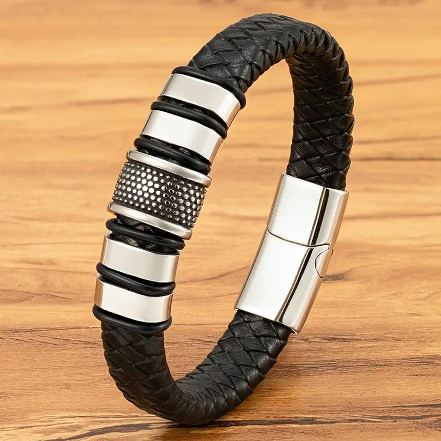 FBA Men's Stainless Steel Beaded Leather Rope Bracelet | Charm Jewelry Gift