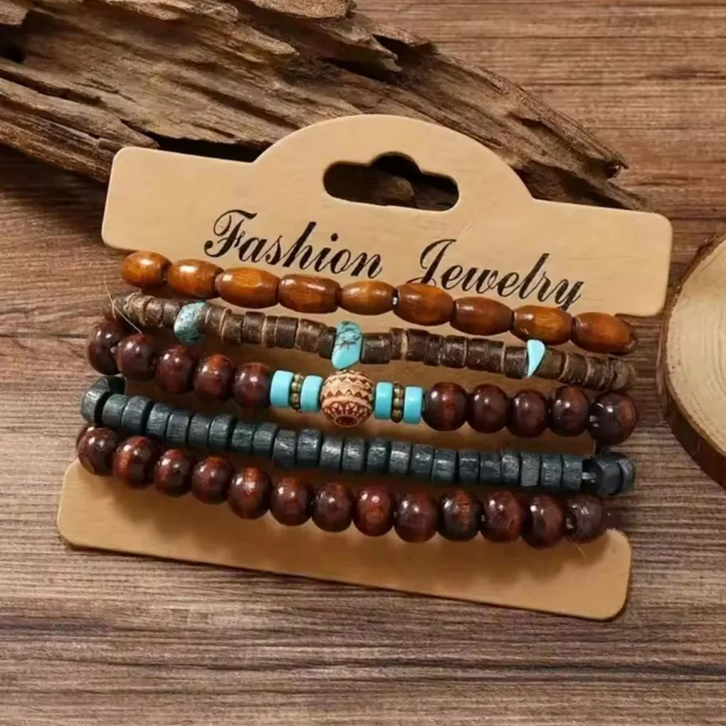 FBA 5-Piece Wood Beaded Elastic Bracelet Set | Unisex Daily Jewelry