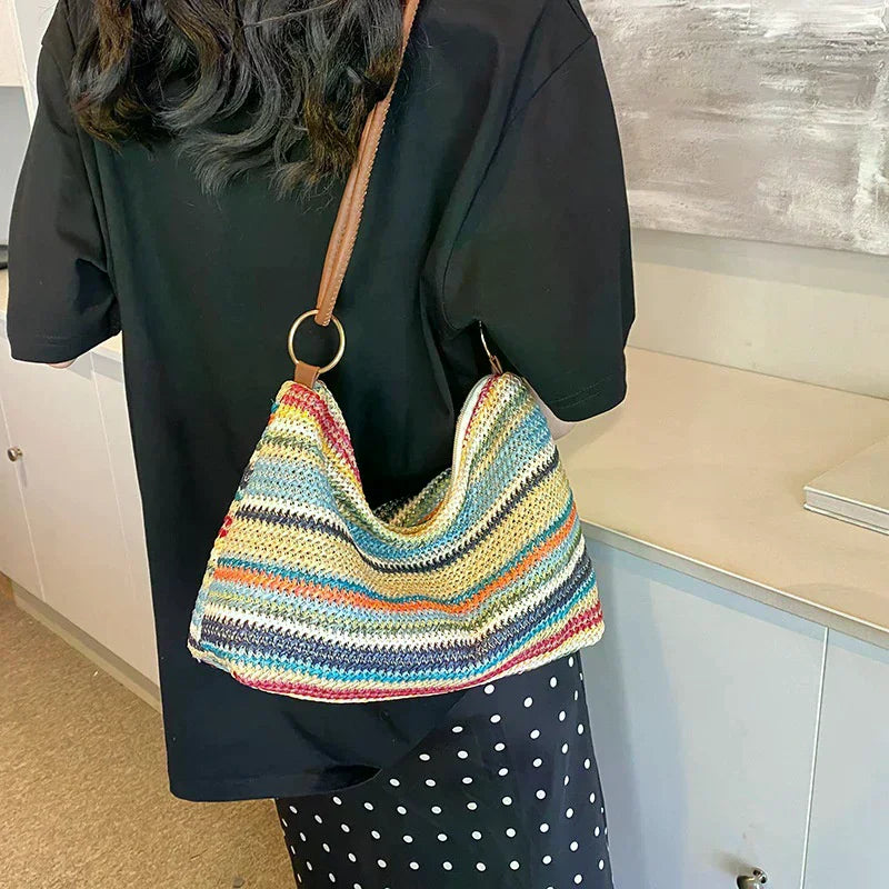 Striped Woven Straw Tote Bag with Zip Closure & Coin Purse – Lightweight Beach Vacation Bag