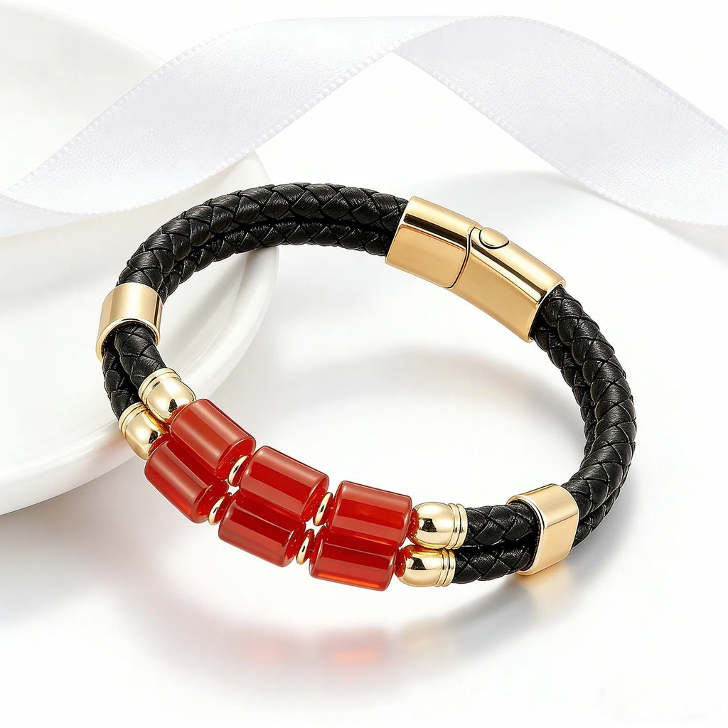 FBA Men's Natural Agate Leather Bracelet | Multi-Color Crystal Healing Jewelry