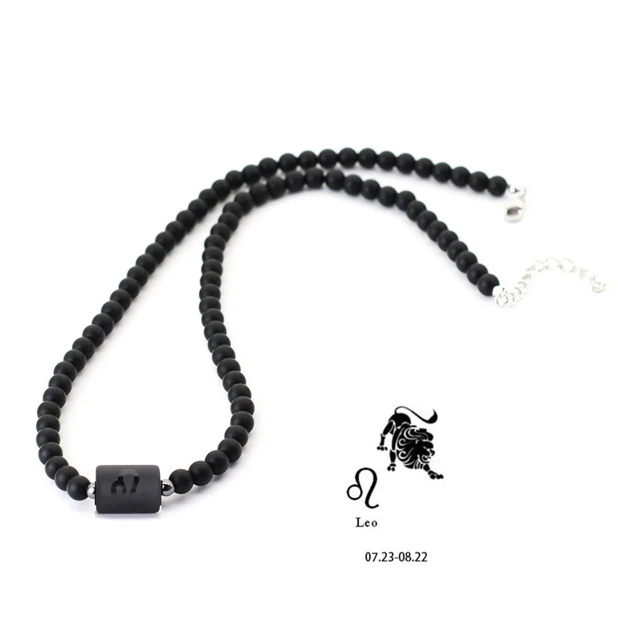 FBA 12 Constellations Black Onyx Beaded Necklace | Men's Jewelry