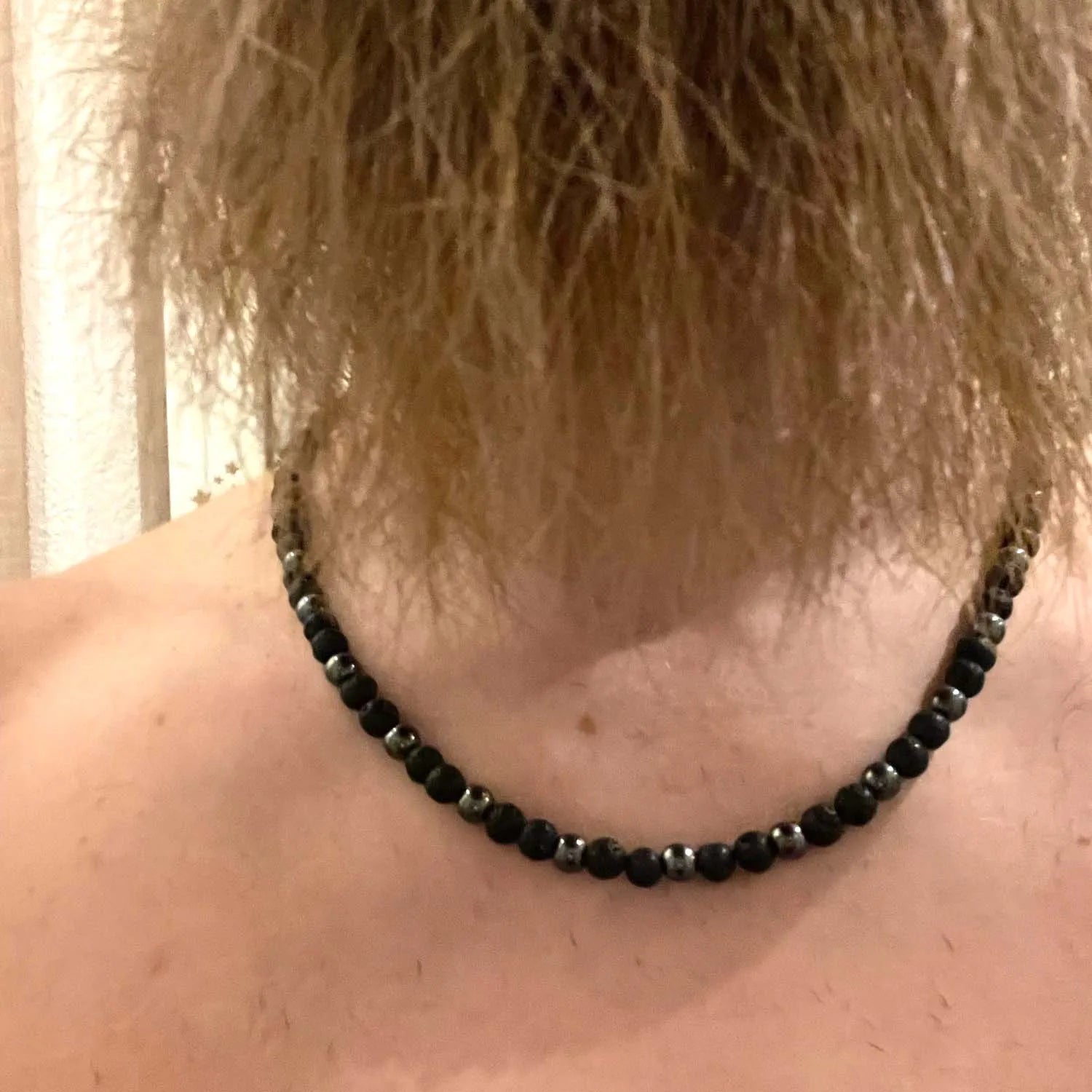 FBA Black Lava Stone Beaded Choker Necklace | Men's Vintage Jewelry