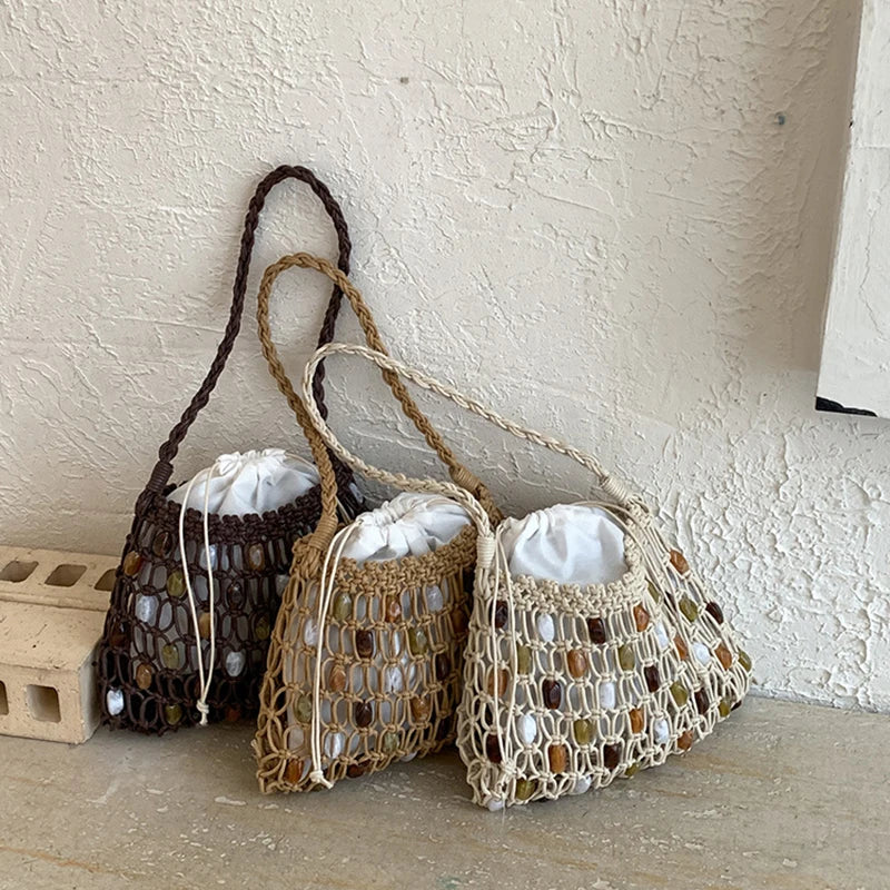 Handmade Woven Beaded Lattice Bag with Wooden Handle – Openwork Shoulder Tote
