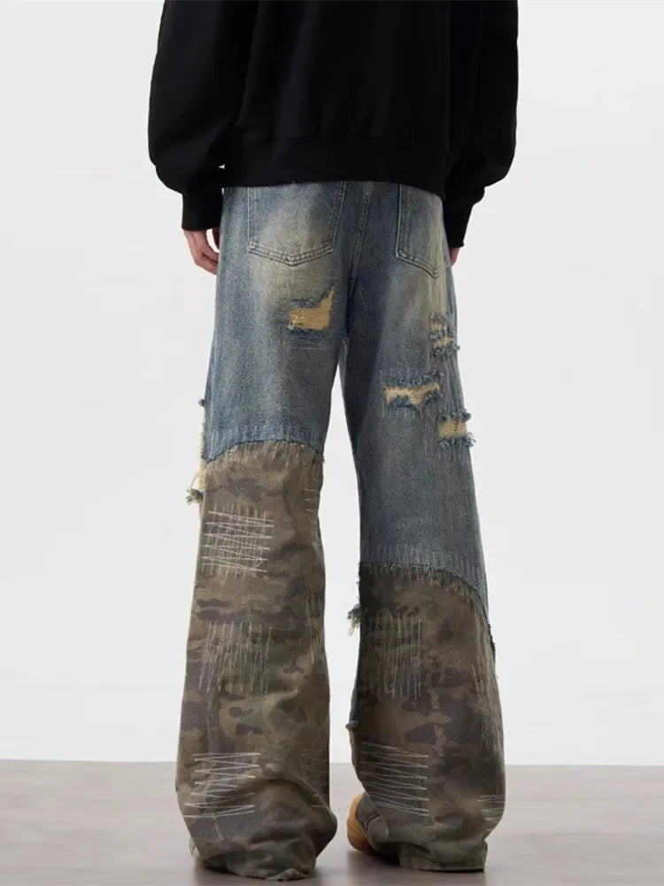 Men's American Retro Y2K Camouflage Patchwork Baggy Ripped Straight Leg Jeans – Vintage Blue Streetwear Denim | S–3XL | FBA Vibes