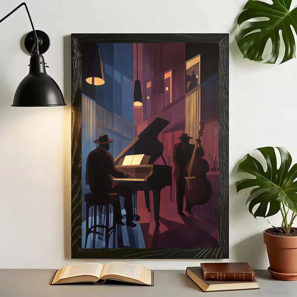 Retro Jazz Band African Musician Canvas Print – Art Deco Wall Art for Home Bar & Living Room