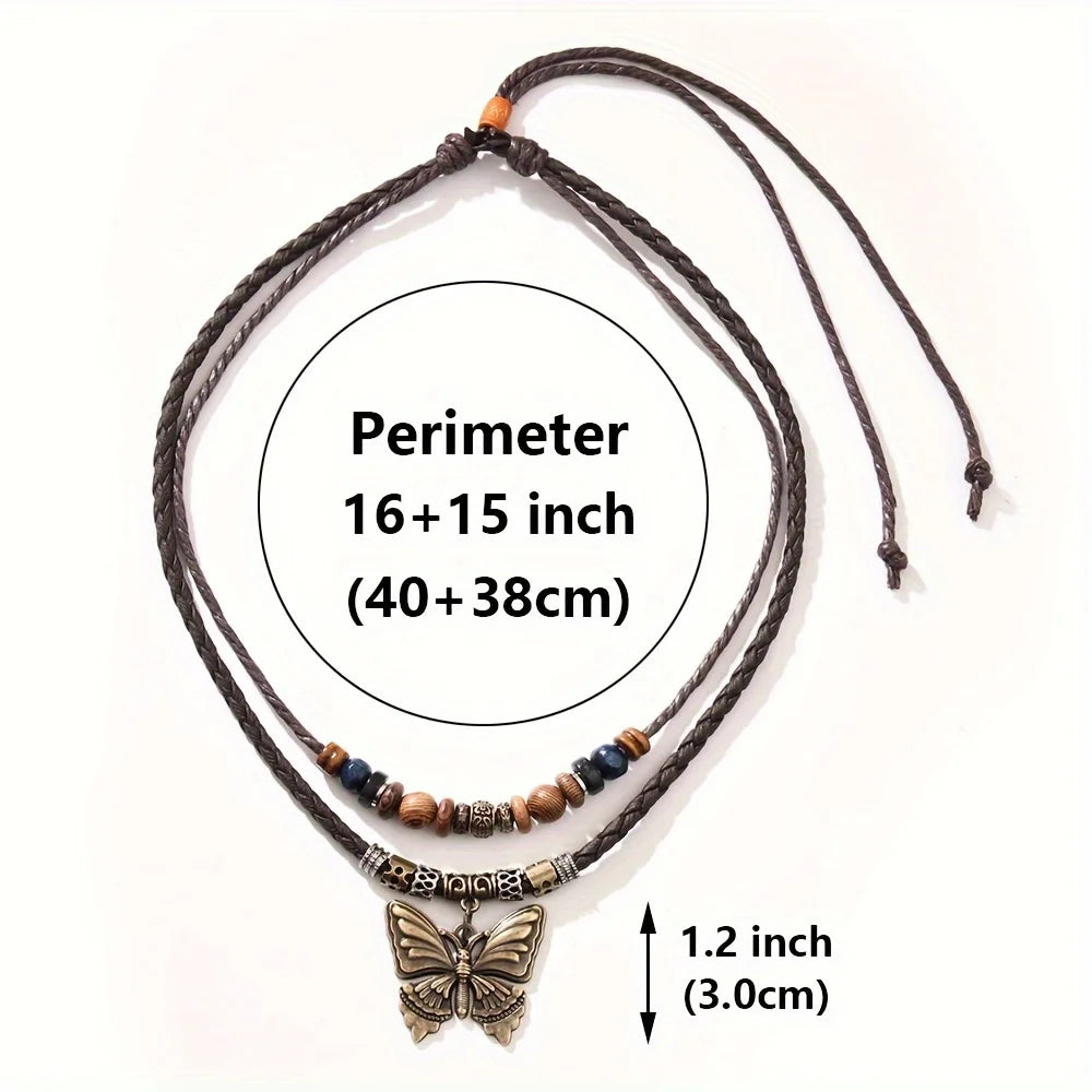 FBA Vintage Butterfly Wood Bead Necklace | Unisex Boho Jewelry