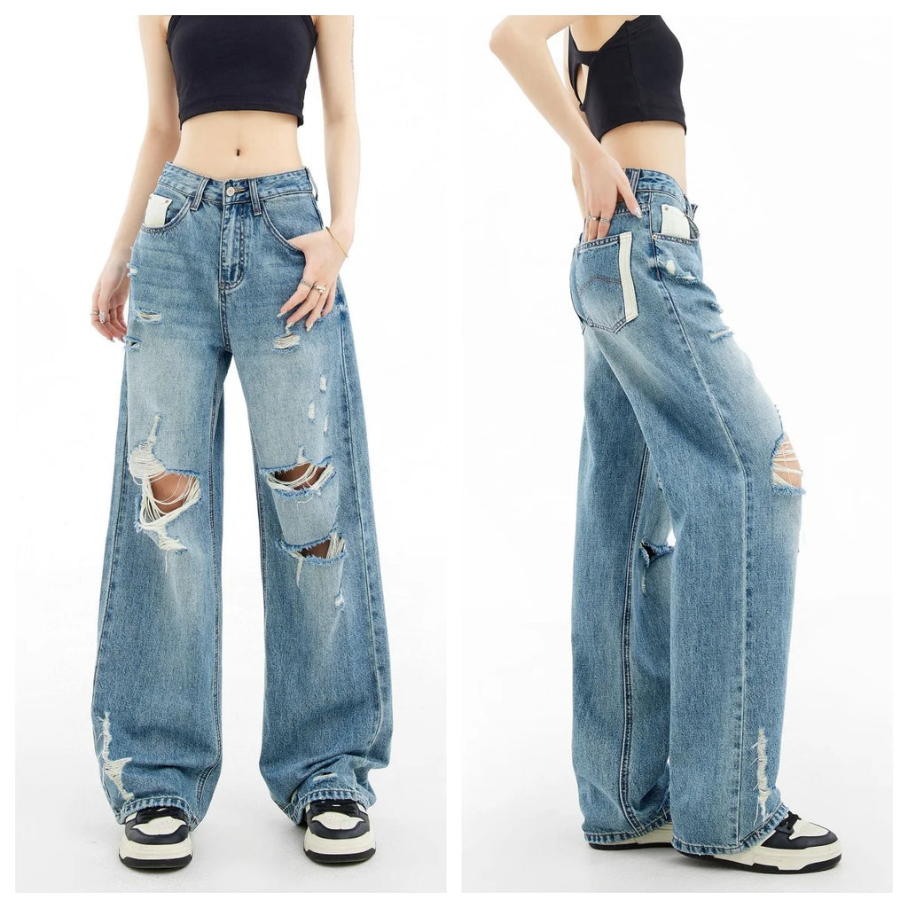 Women's American Retro Y2K Ripped Straight-Leg Jeans – Loose Casual Distressed Denim | Retro Blue | S–XL | FBA Vibes