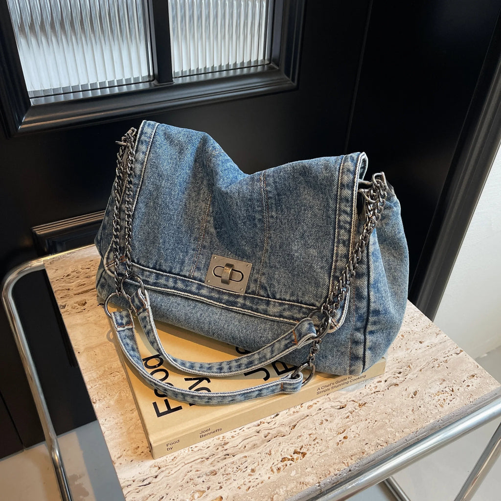 Women's Denim Tote Bag – Large Capacity Casual Commuter Shoulder & Crossbody Bag
