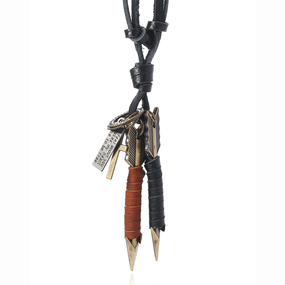 FBA Handmade Leather Double Arrow Pendant Necklace | Boho Artisan Jewelry