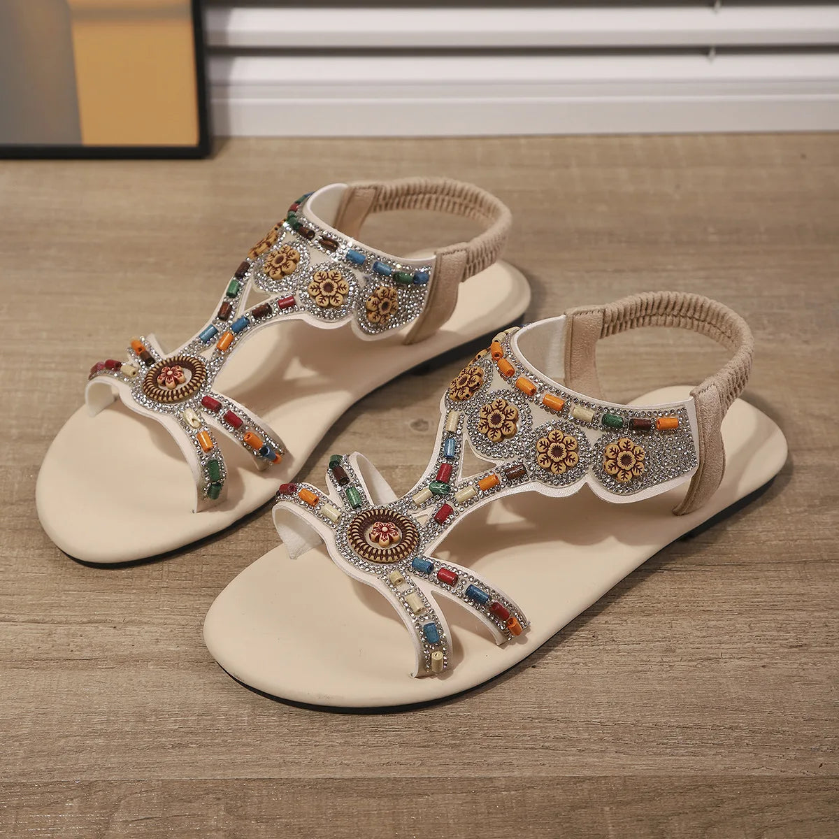 FBA Women's Beaded Fairy Style Flat Roman Sandals | Plus Size Ethnic Shoes