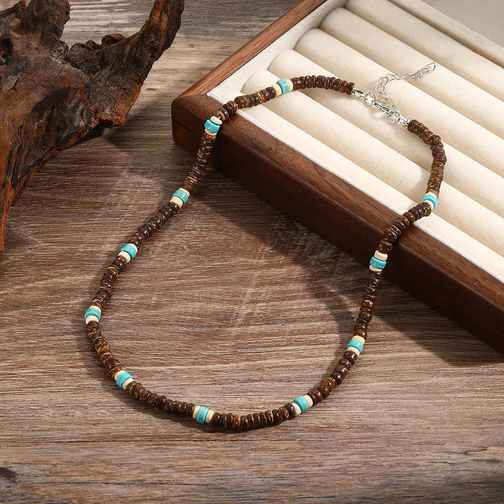 FBA Coconut Shell Wooden Bead Necklace for Men | Boho Stacked Jewelry