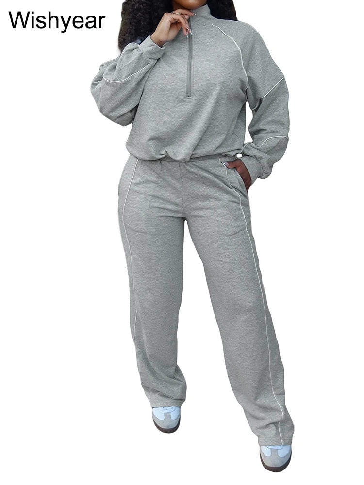 Women's 2-Piece Striped Sport Set – Zip Sweatshirt & Wide-Leg Pants | FBA Vibes