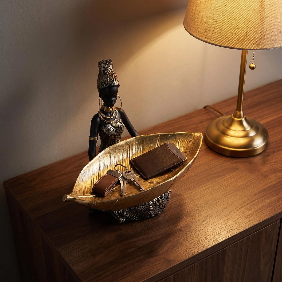 African Girl Holding a Plate Sculpture | Vintage Resin Storage Ornament for Home & Office Decor