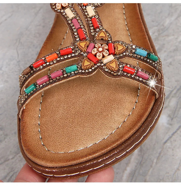 FBA Women's Rhinestone Bohemian Hollow Flat Sandals | Summer Casual Shoes