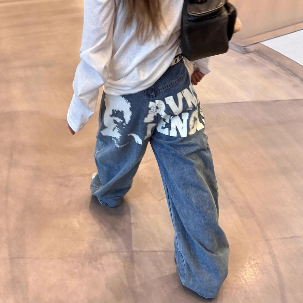 Women's American Retro Letter Print High Waist Wide-Leg Jeans – Loose Slimming Denim Pants | Blue | S–XXXL | FBA Vibes
