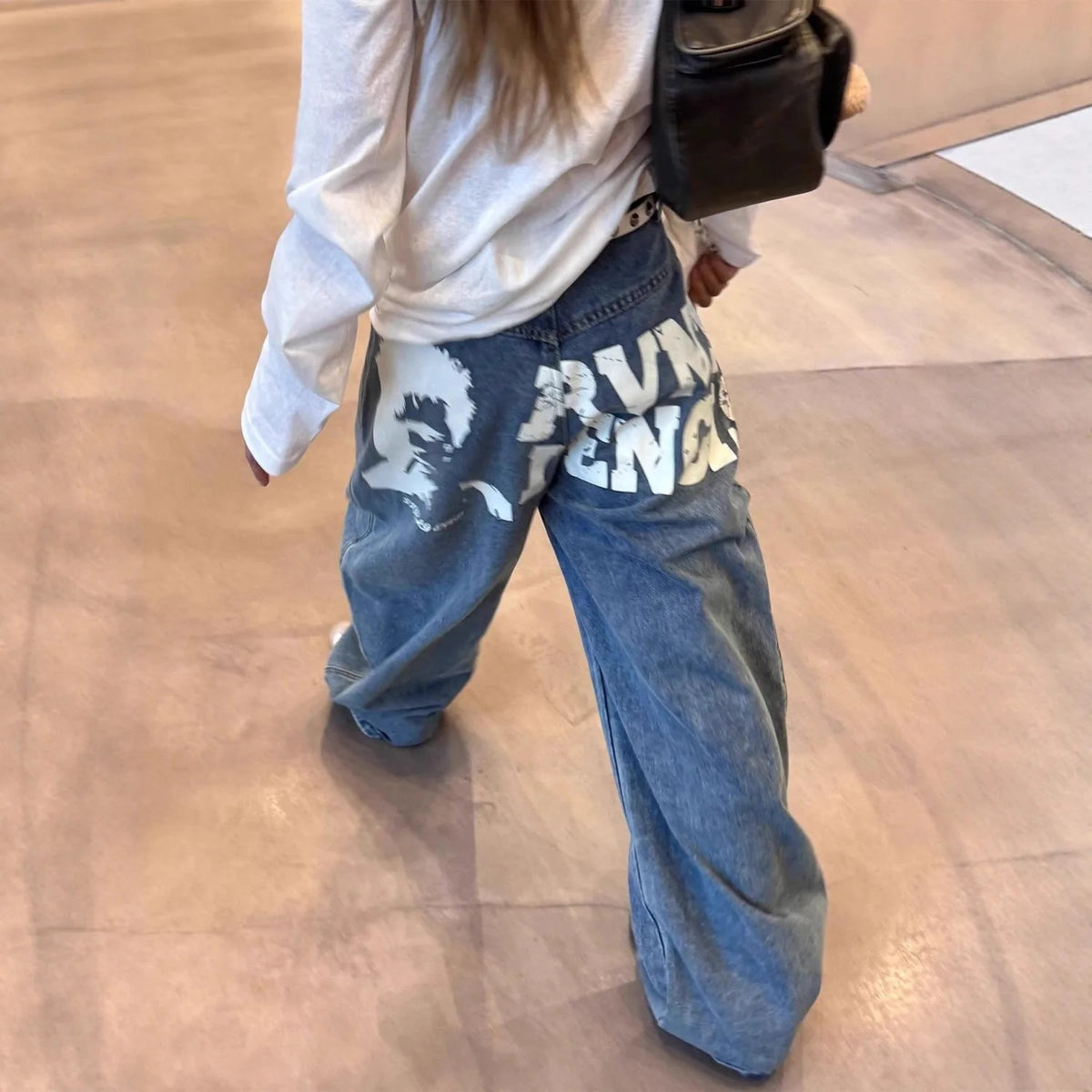 Women's American Retro Letter Print High Waist Wide-Leg Jeans – Loose Slimming Denim Pants | Blue | S–XXXL | FBA Vibes