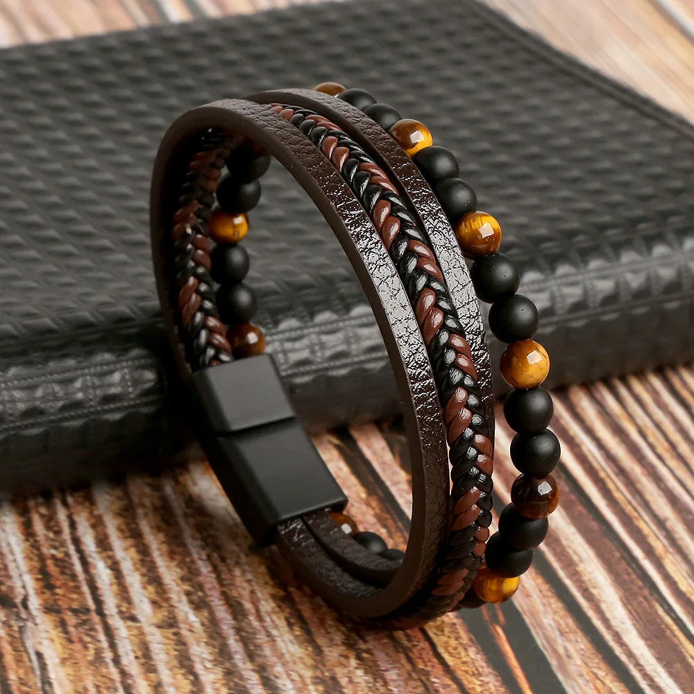 FBA Vintage Leather Magnetic Buckle Men's Bracelet | Handwoven Jewelry