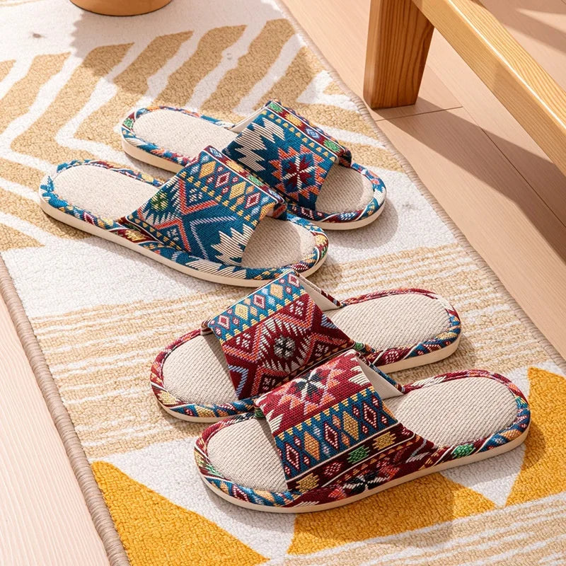 FBA Ethnic Linen Flip Flops | Unisex Retro Beach Sandals