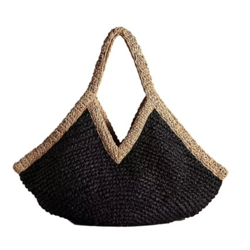 Bohemian Handmade Woven Straw Beach Bag – Vintage Crochet Rattan Tote Shoulder Purse