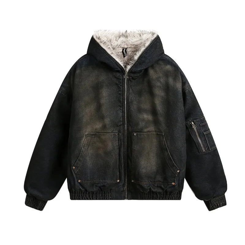 Men's American High Street Vintage Denim Hoodie Jacket – Thick Warm Zip-Up Streetwear Coat | S–XL | FBA Vibes