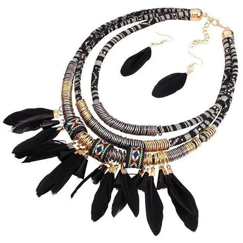 FBA Ethnic Feather Choker Necklace & Earring Set | Women's Jewelry