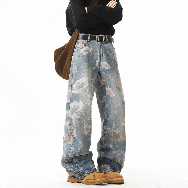 American Hip Hop Retro Floral Print Wide-Leg Jeans – Unisex Couples Loose Straight Leg Denim Pants | Blue | S–XXXL | FBA Vibes