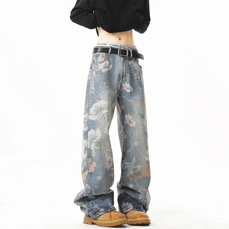 American Hip Hop Retro Floral Print Wide-Leg Jeans – Unisex Couples Loose Straight Leg Denim Pants | Blue | S–XXXL | FBA Vibes