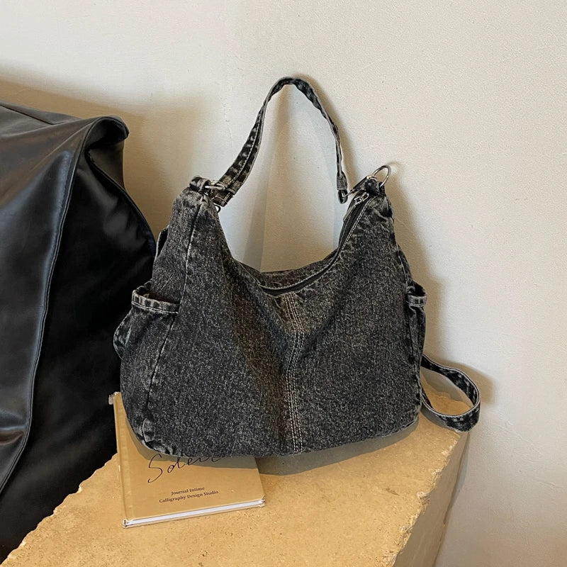 Casual Denim Retro Crossbody Shoulder Bag for Women – Large Capacity Portable Tote