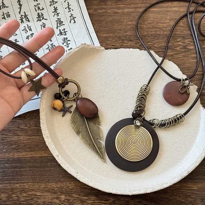 FBA Star Feather Leather Pendant Necklace | Retro Art Jewelry