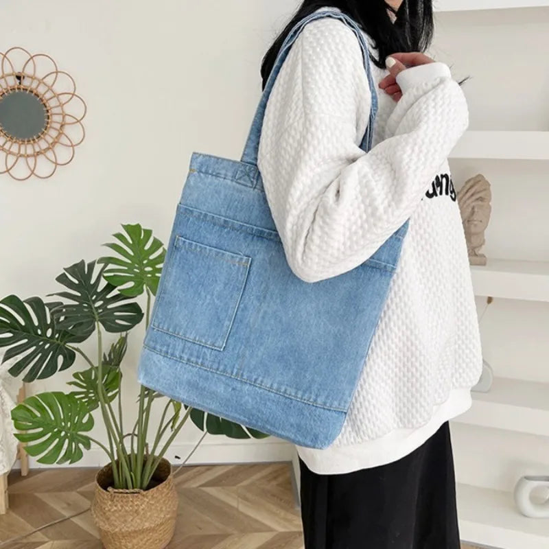 Casual Denim Tote Bag for Women – Large Capacity Shoulder Handbag for Travel & Daily Use