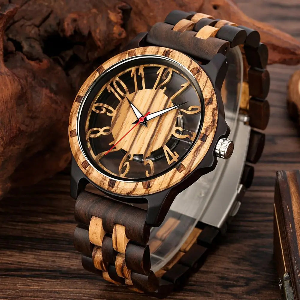 FBA Men's Skeleton Hollowed-Out Wood Watch | Transparent Dial Quartz Wristwatch