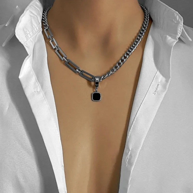 FBA Black Beads Square Pendant Necklace for Men | Fashion Jewelry