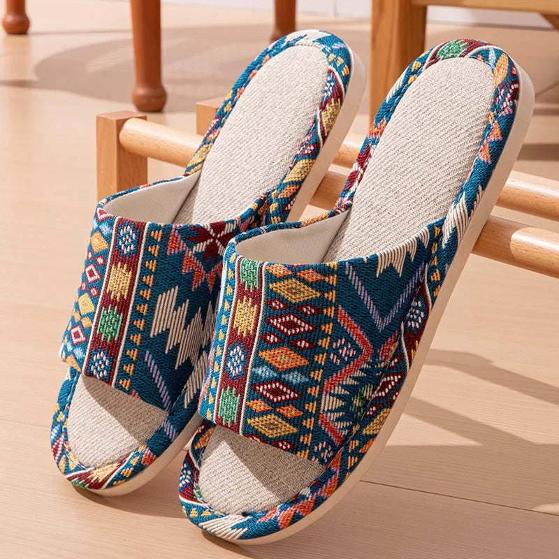 FBA Ethnic Linen Flip Flops | Unisex Retro Beach Sandals