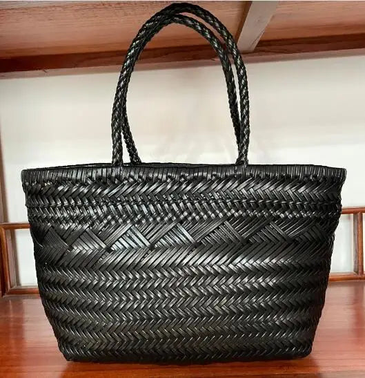 Vintage Hobo Manual Woven Genuine Leather Tote Bag – Hollow-Out Basket Shopping Bag for Women