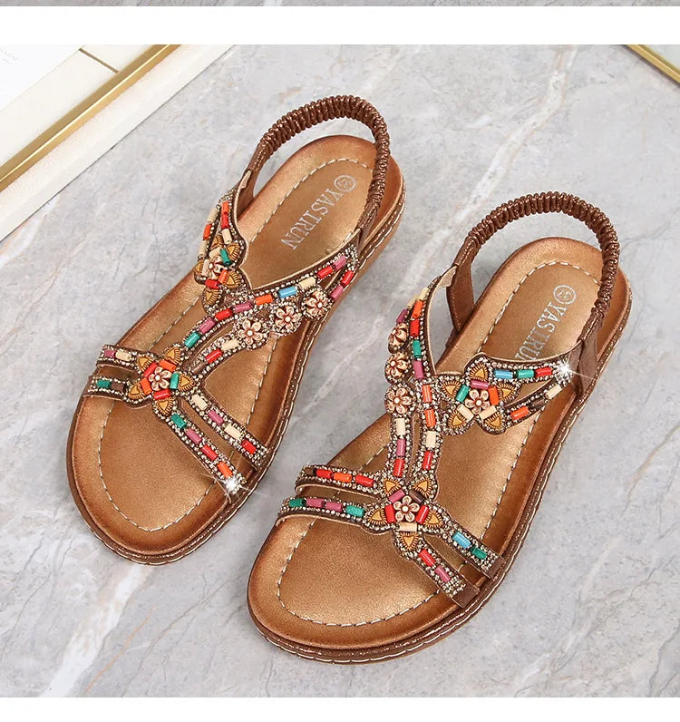 FBA Women's Rhinestone Bohemian Hollow Flat Sandals | Summer Casual Shoes