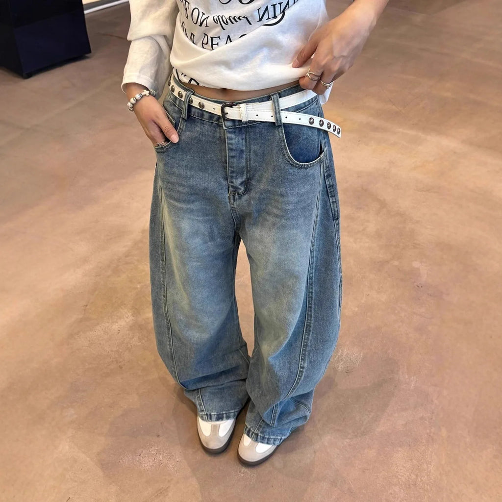 Women's American Retro Letter Print High Waist Wide-Leg Jeans – Loose Slimming Denim Pants | Blue | S–XXXL | FBA Vibes
