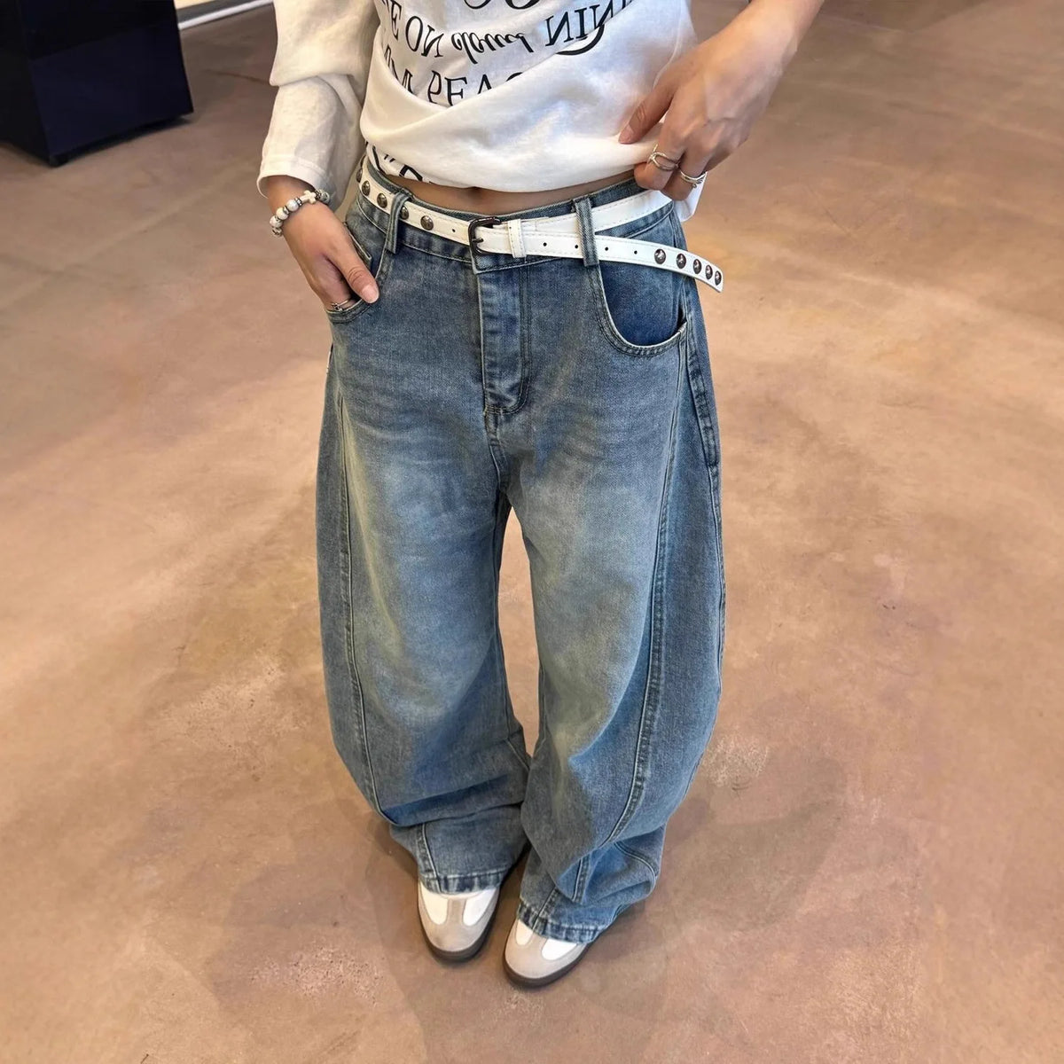 Women's American Retro Letter Print High Waist Wide-Leg Jeans – Loose Slimming Denim Pants | Blue | S–XXXL | FBA Vibes
