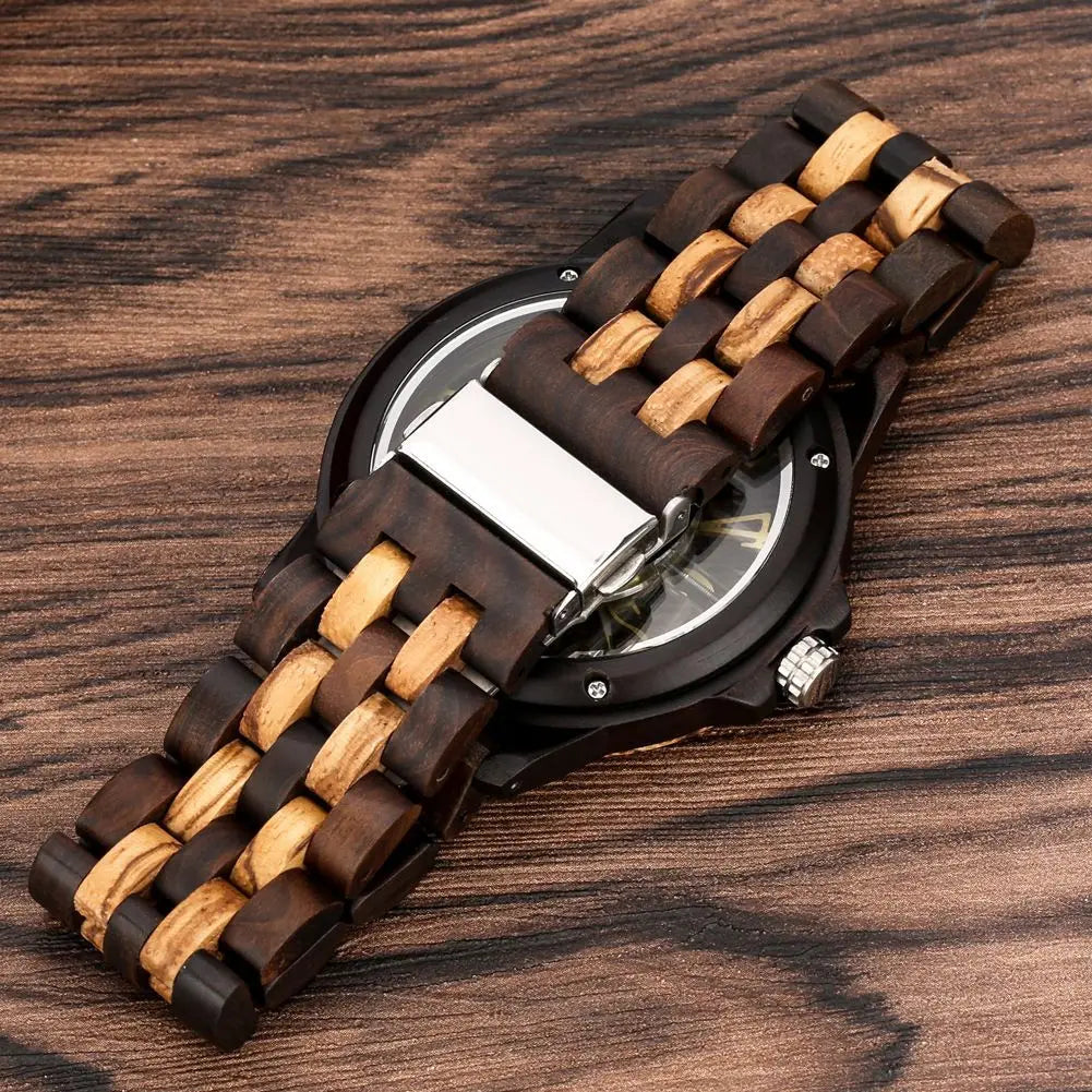 FBA Men's Skeleton Hollowed-Out Wood Watch | Transparent Dial Quartz Wristwatch