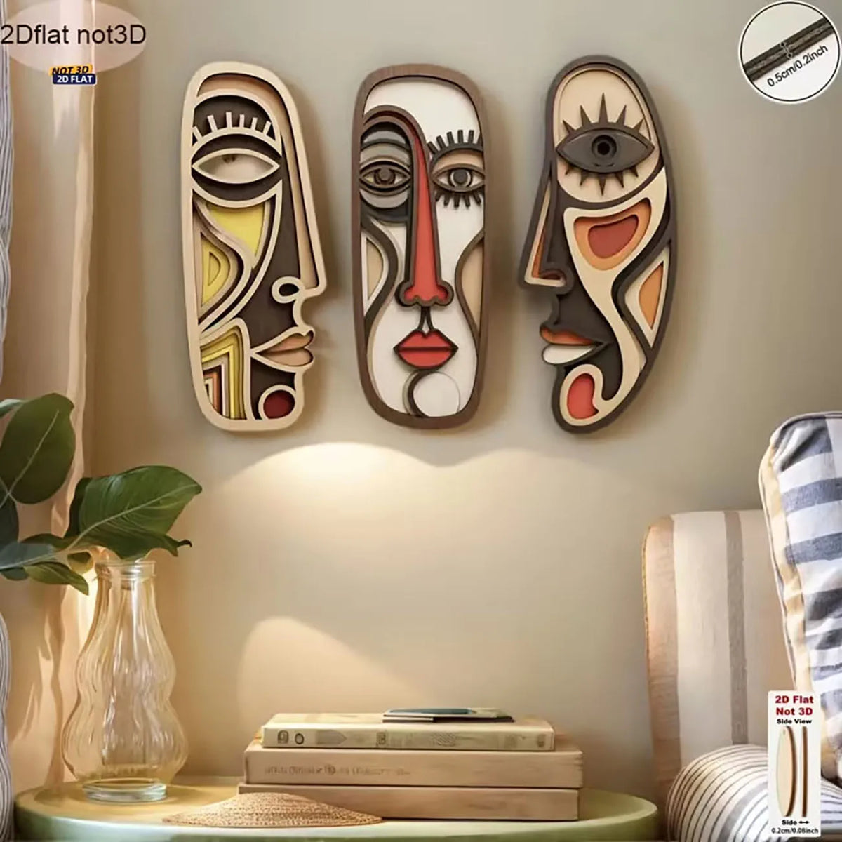3-Piece Minimalist Abstract Face Wooden Wall Art Set | Boho Room Decor