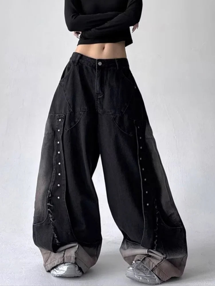 Women's American Retro Y2K Patchwork Wide-Leg Jeans – Baggy Stacked Denim Trousers | Vintage Black & Blue | S–XXXL | FBA Vibes