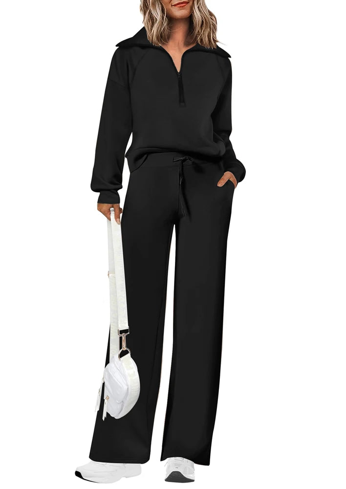 Women's 2-Piece Loose-Fit Half-Zip Sweatshirt & Wide-Leg Jogger Set | FBA Vibes