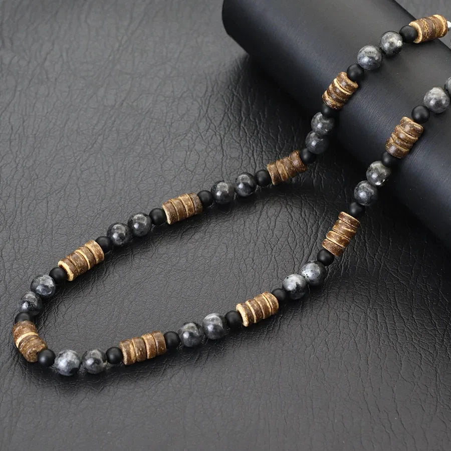 FBA Coconut Shell Lava Beaded Necklace for Men | Boho Wood Jewelry