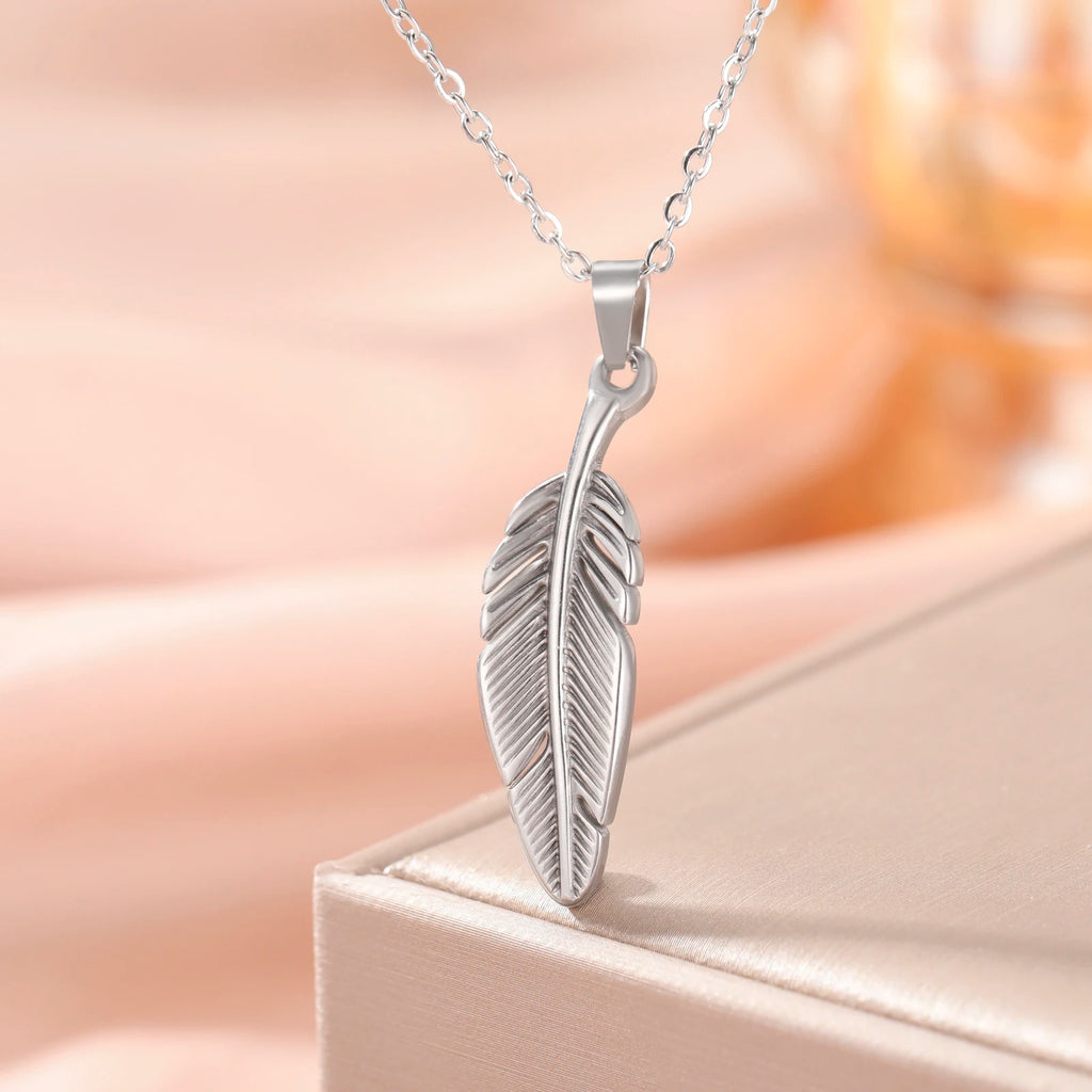 FBA Stainless Steel Feather Leaf Pendant Necklace | Women's Gold Jewelry