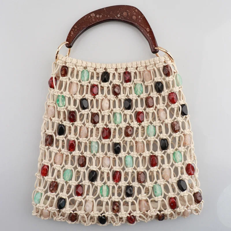 Handmade Woven Beaded Lattice Bag with Wooden Handle – Openwork Shoulder Tote