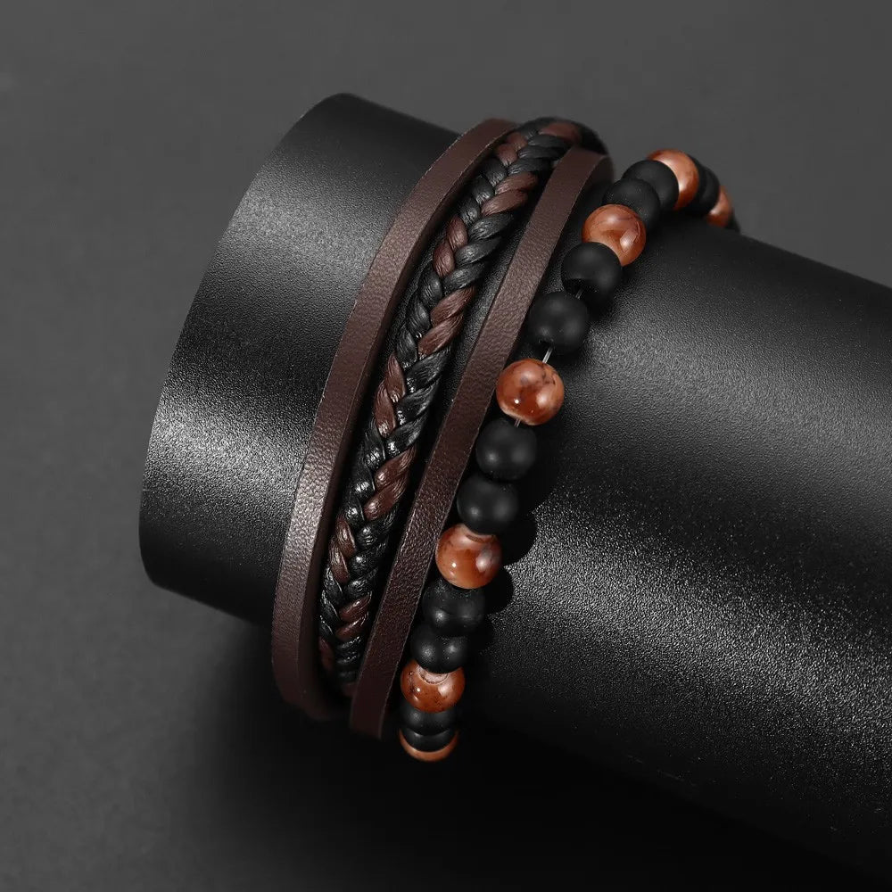 FBA Vintage Leather Magnetic Buckle Men's Bracelet | Handwoven Jewelry