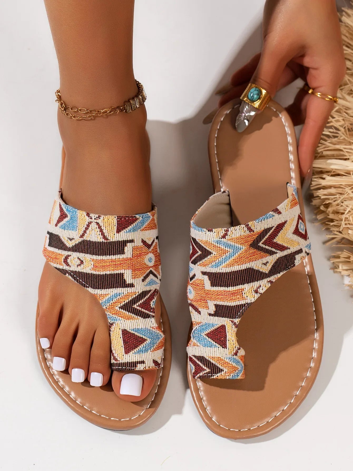 FBA Women's Ethnic Flip-Toe Flat Slippers | Lightweight Beach Shoes